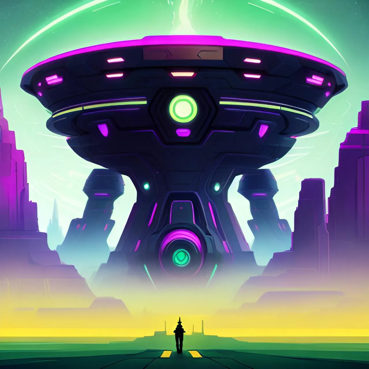 a man standing in front of a large alien ship