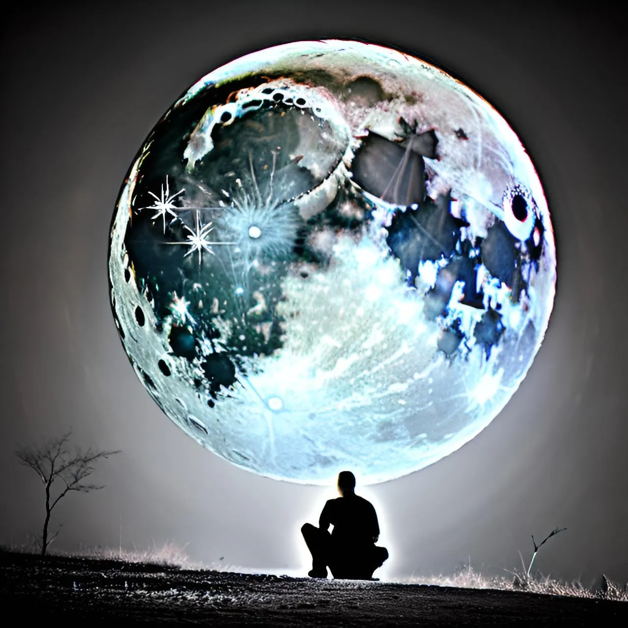 a man sitting on the ground in front of a giant moon