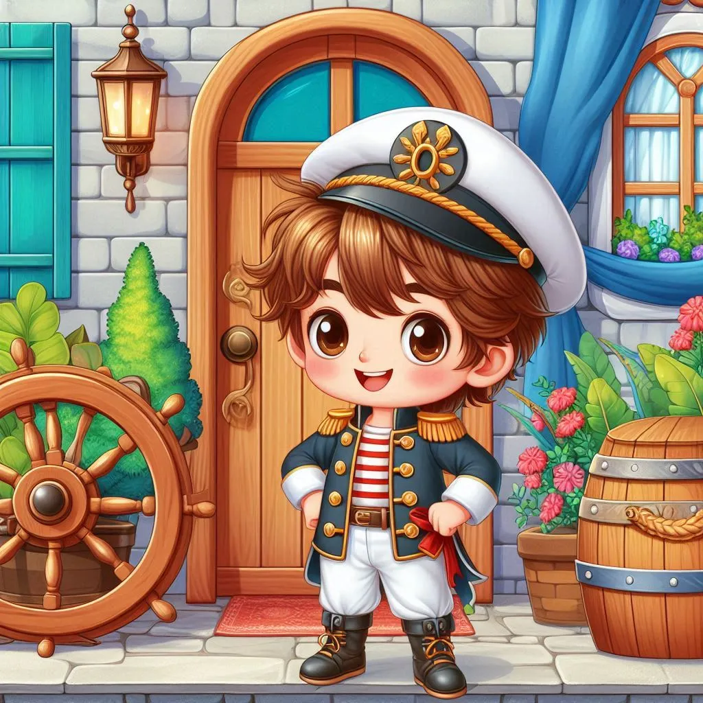 a boy in a sailor's outfit standing in front of a ship