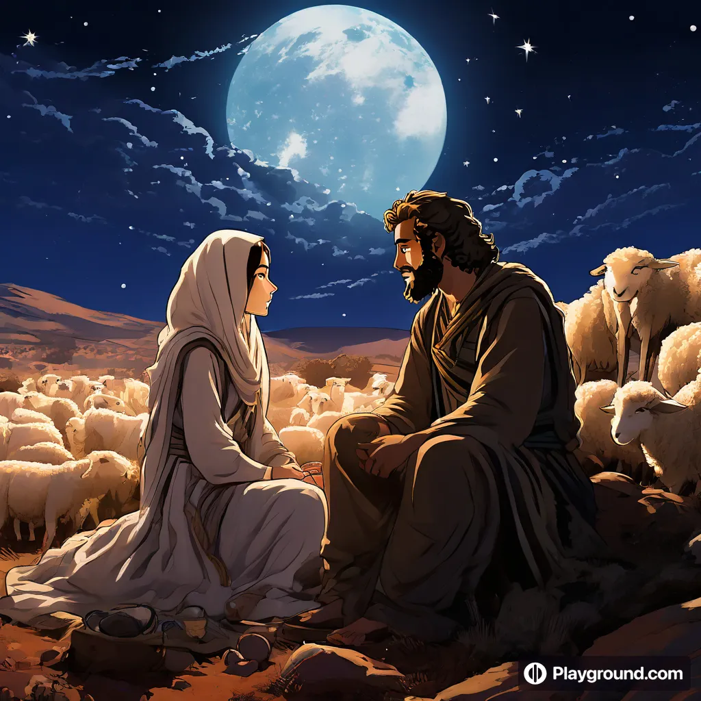 a man and a woman sitting in the desert with sheep