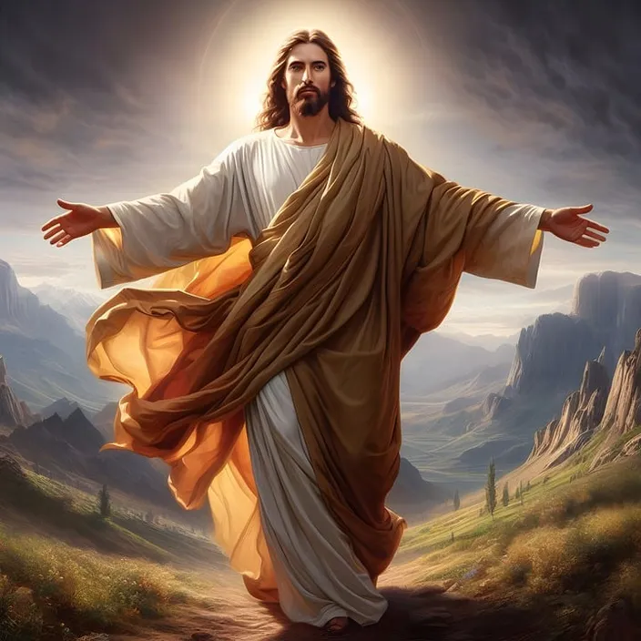 a painting of jesus with his arms outstretched