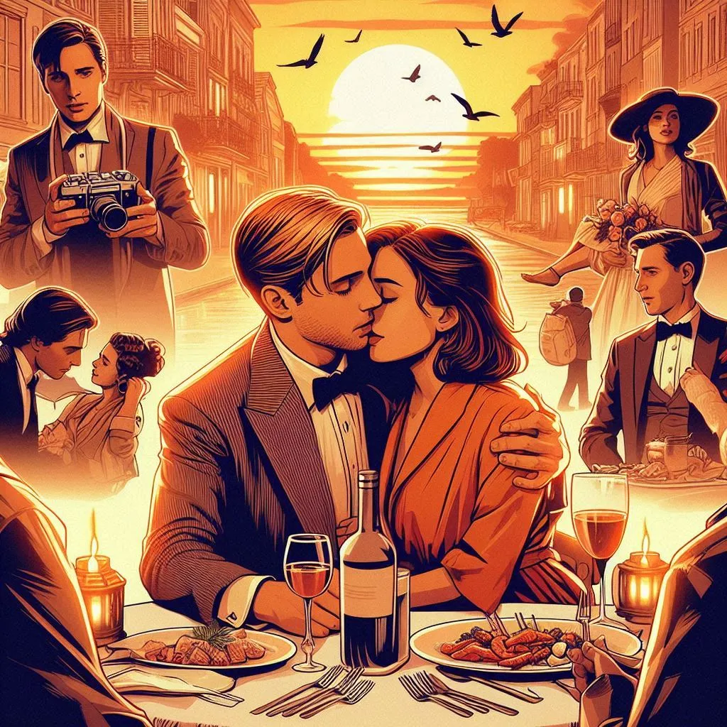 a painting of a couple kissing at a dinner table