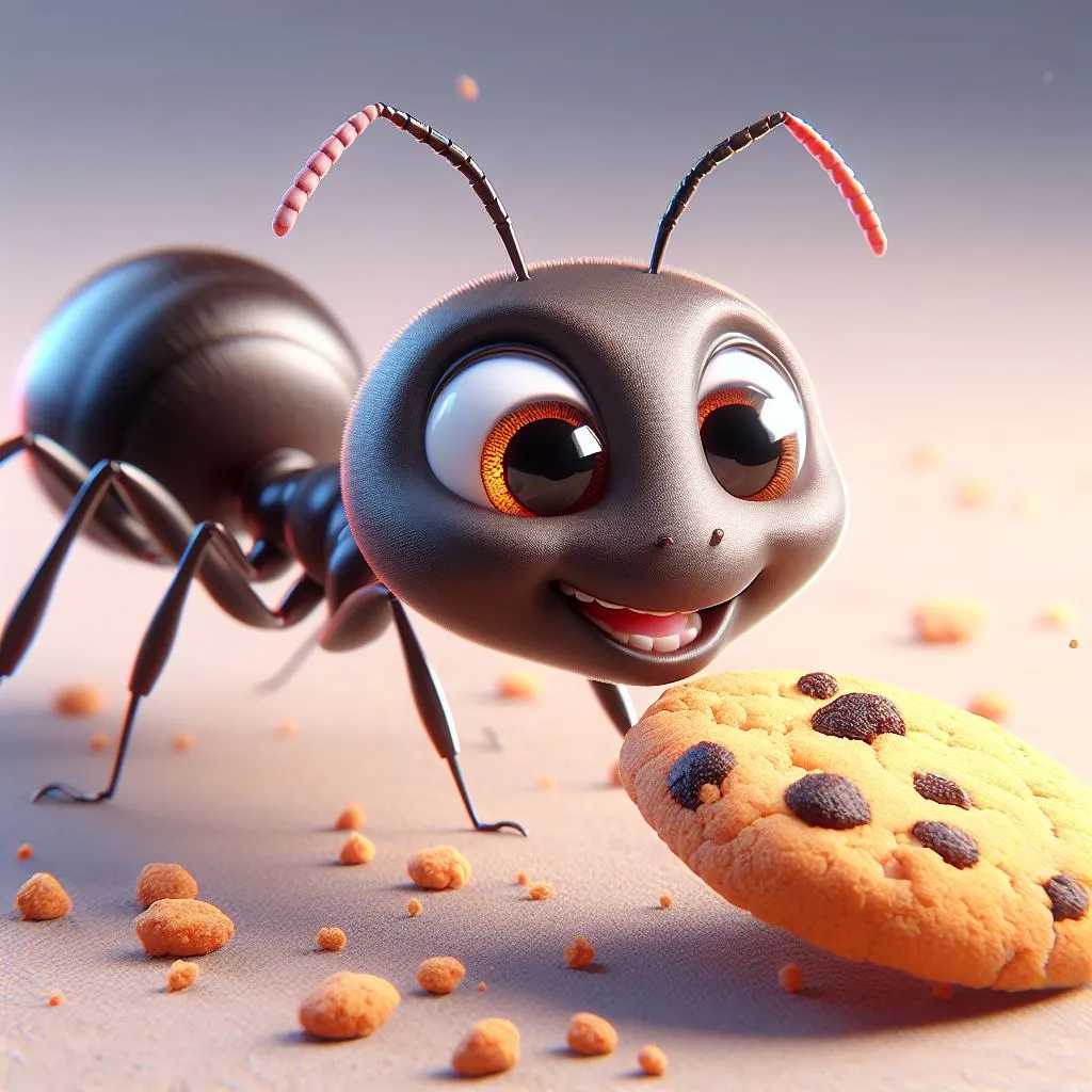 a cartoon ant with a cookie on the ground