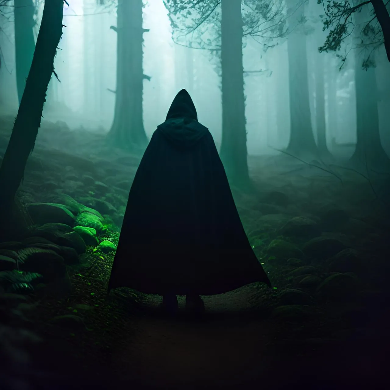 a person in a hooded cloak in a dark forest