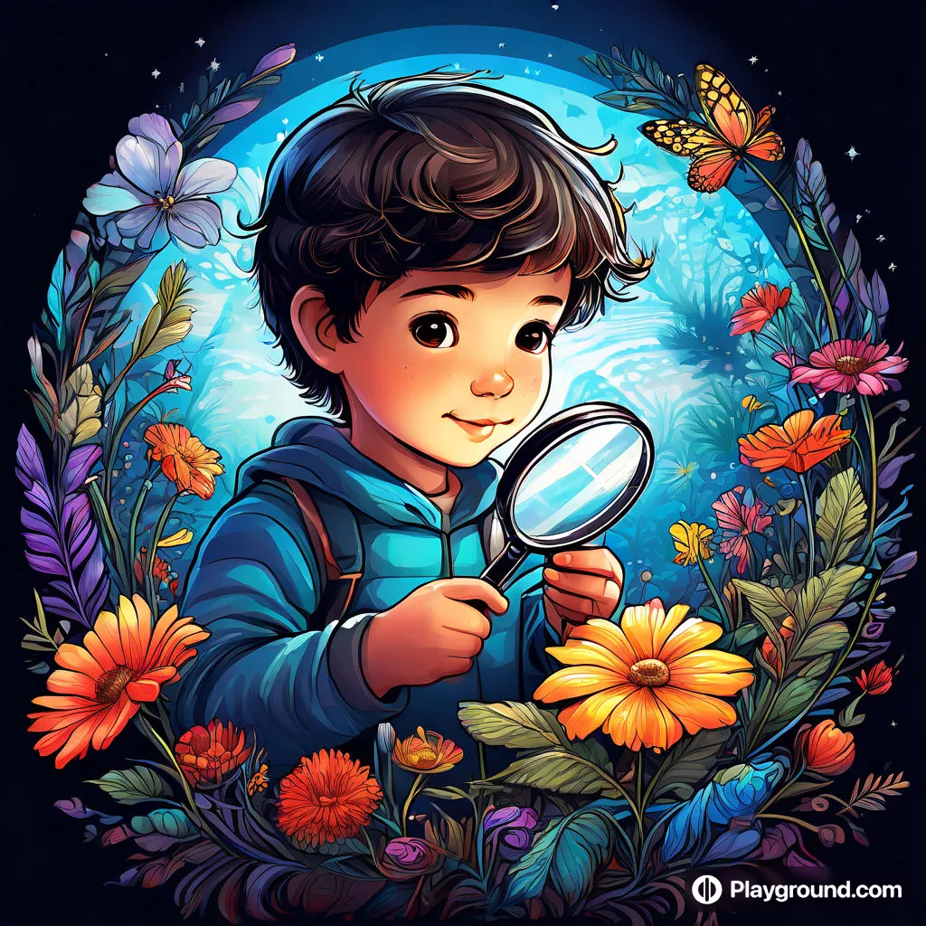 a young boy holding a magnifying glass in front of flowers