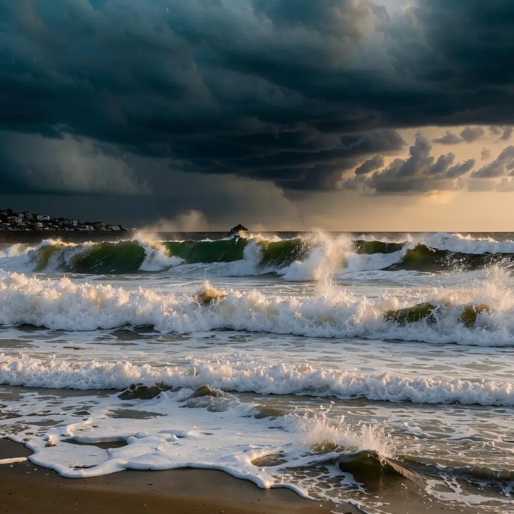 a stormy day at the beach with waves crashing