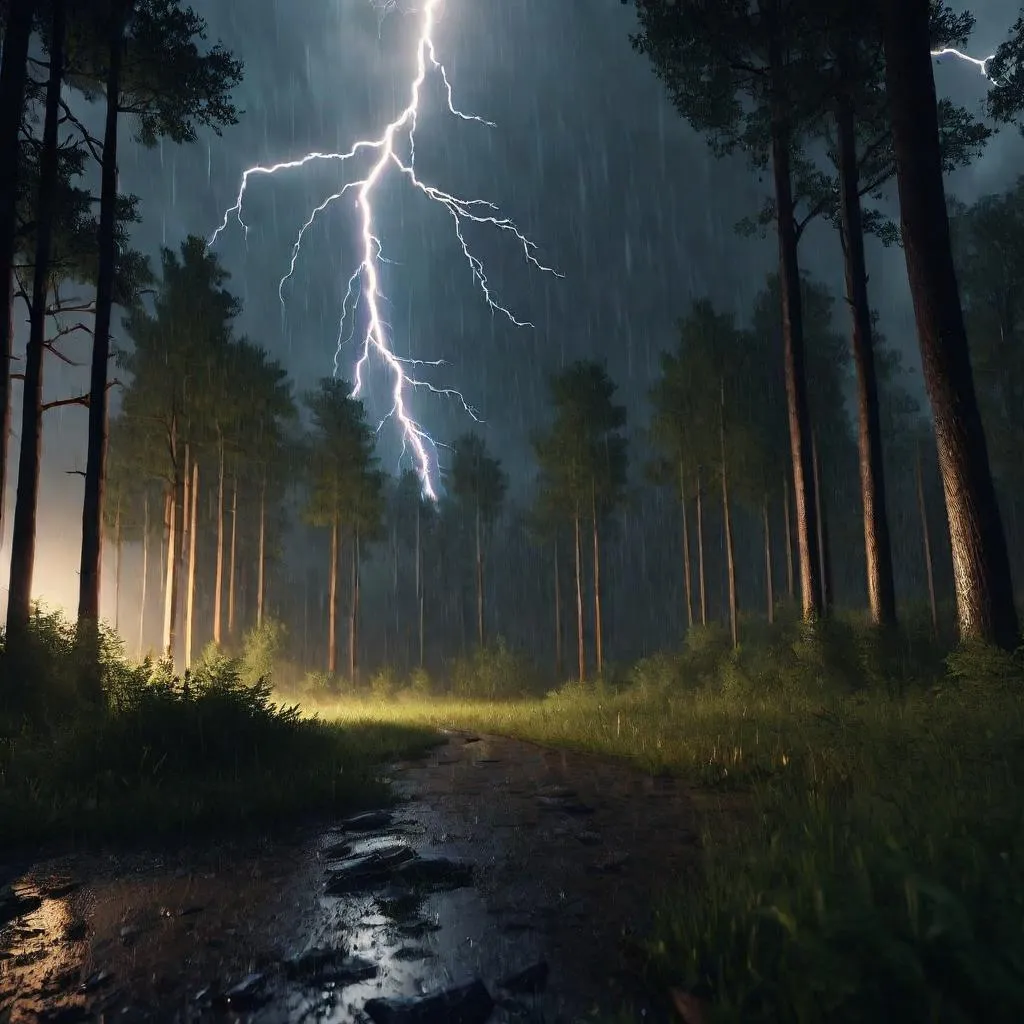 a lightning bolt hitting through a forest at night,3d,cinematic,realistic,16:9