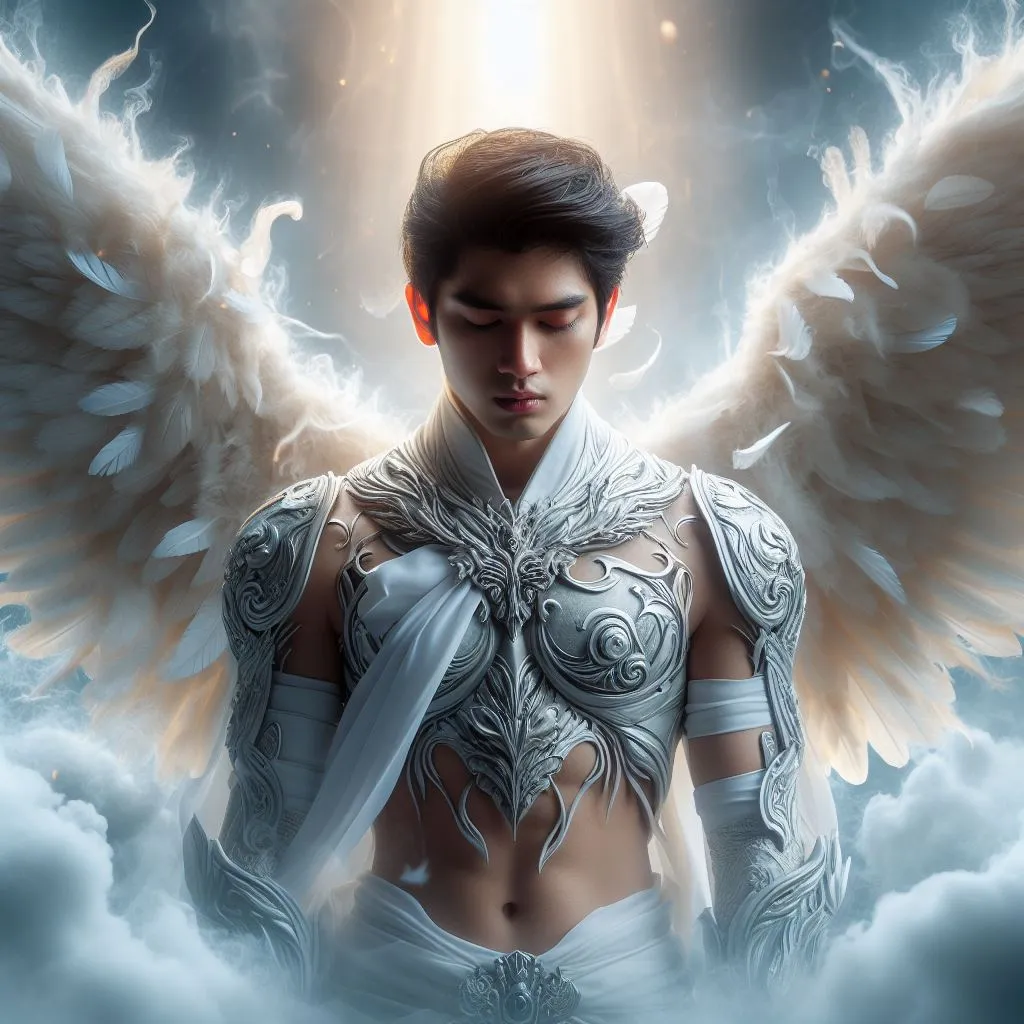 a man with angel wings standing in the clouds