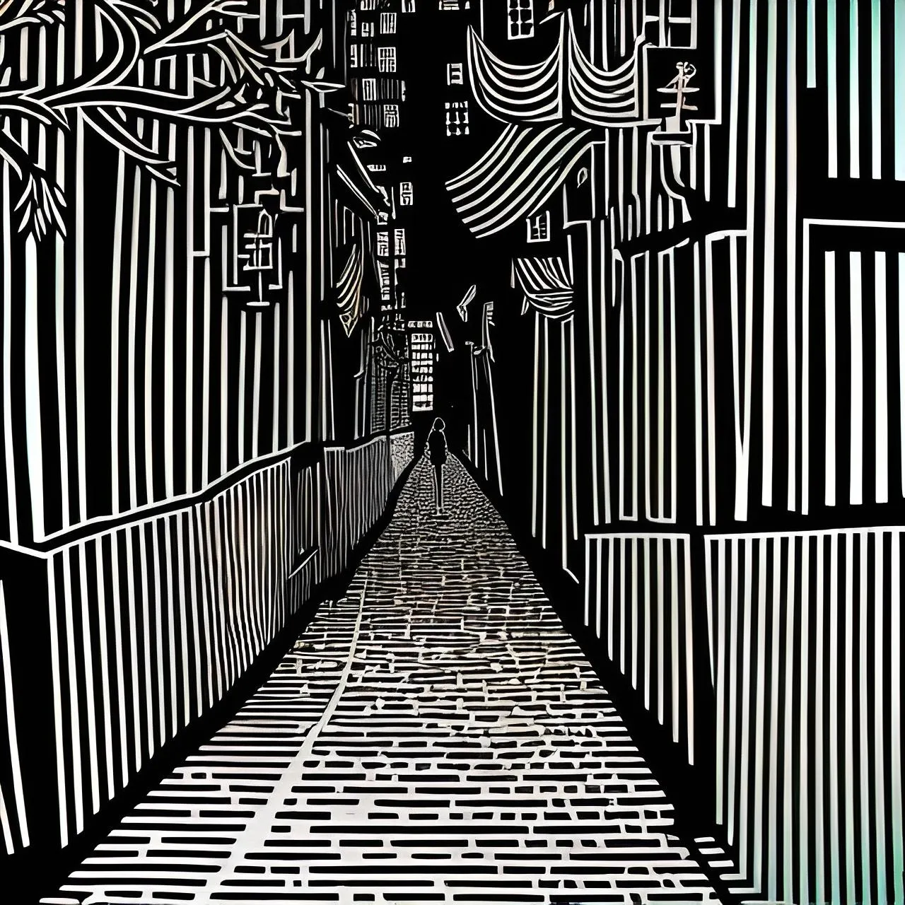 a black and white drawing of a hallway