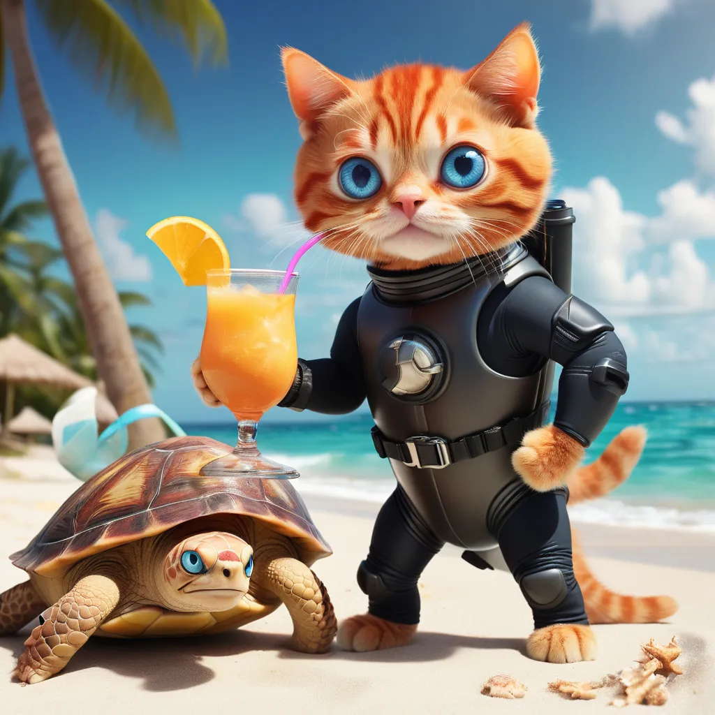 a cat standing next to a turtle on a beach and drink cocktail