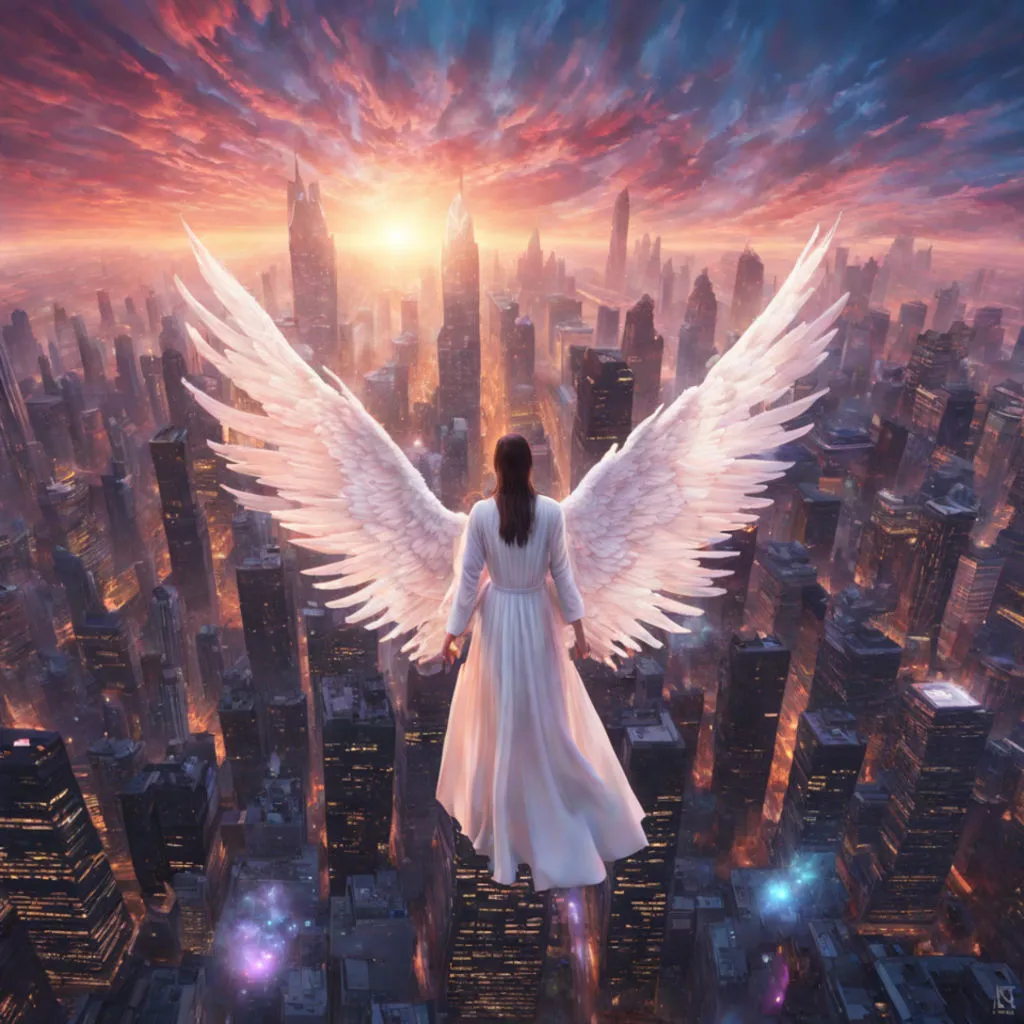 an angel standing in front of a city skyline