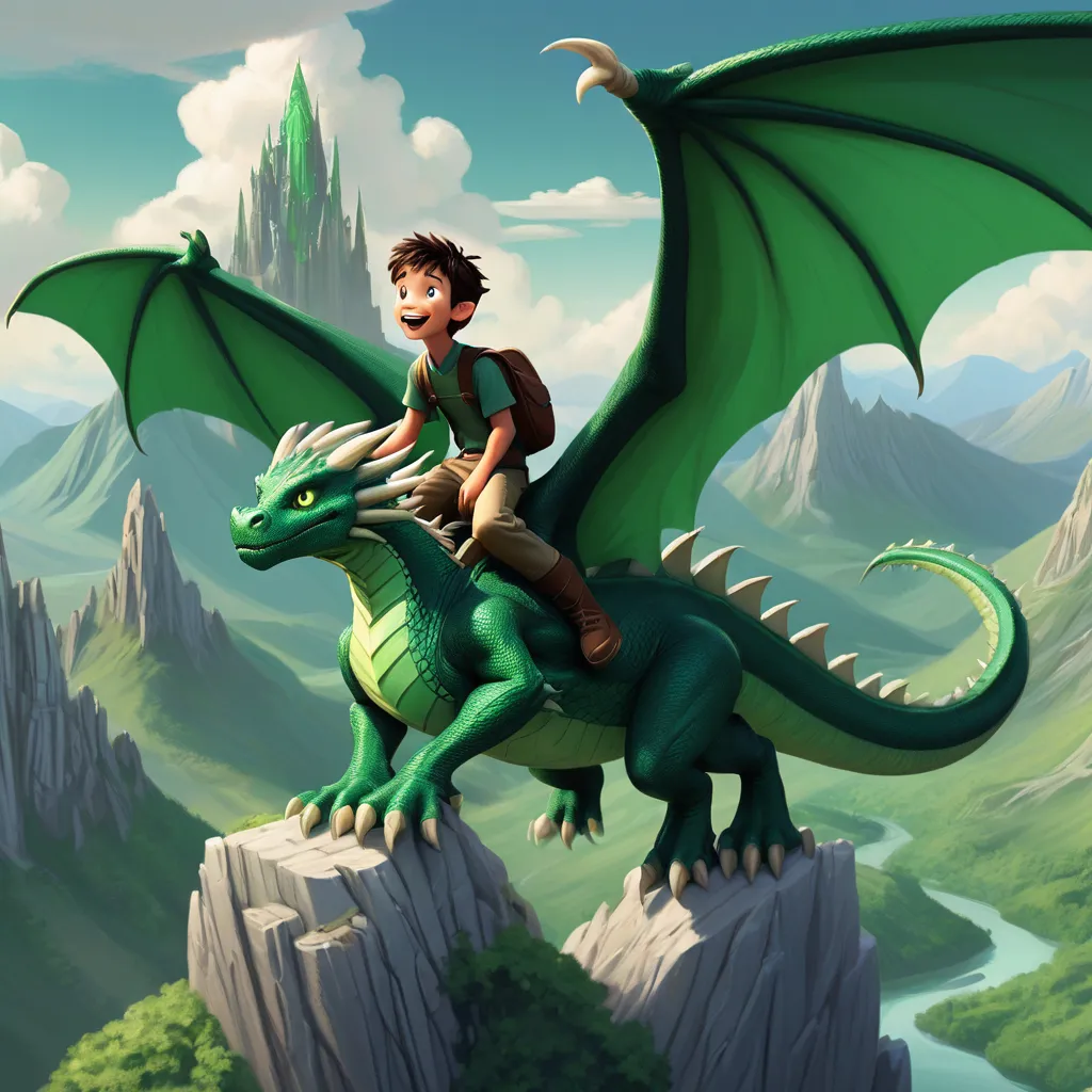 a boy riding on the back of a green dragon. Draco, the emerald-green dragon, soared through the skies with Tim, a small boy, perched upon his sturdy back. Together, they explored the vast wonders of the world, from hidden valleys to towering mountains, forging a bond that transcended the boundaries of their disparate worlds.in mountain. Disney cartoon style prompt 3d 