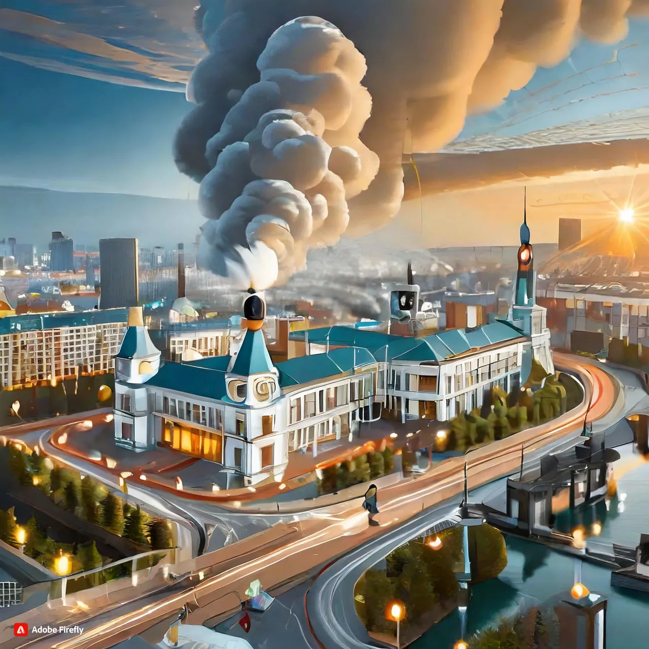 a painting of a city with smoke coming out of it