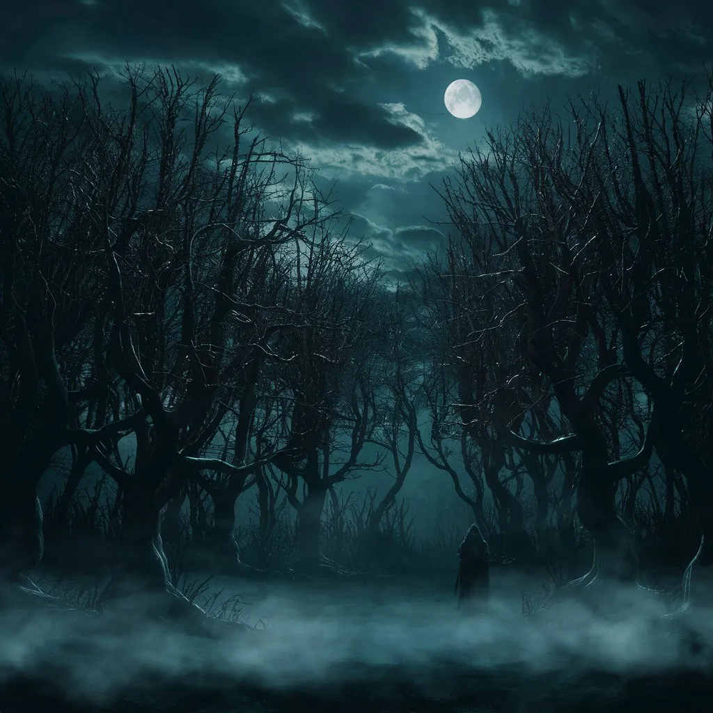 a man standing in the middle of a forest under a full moon