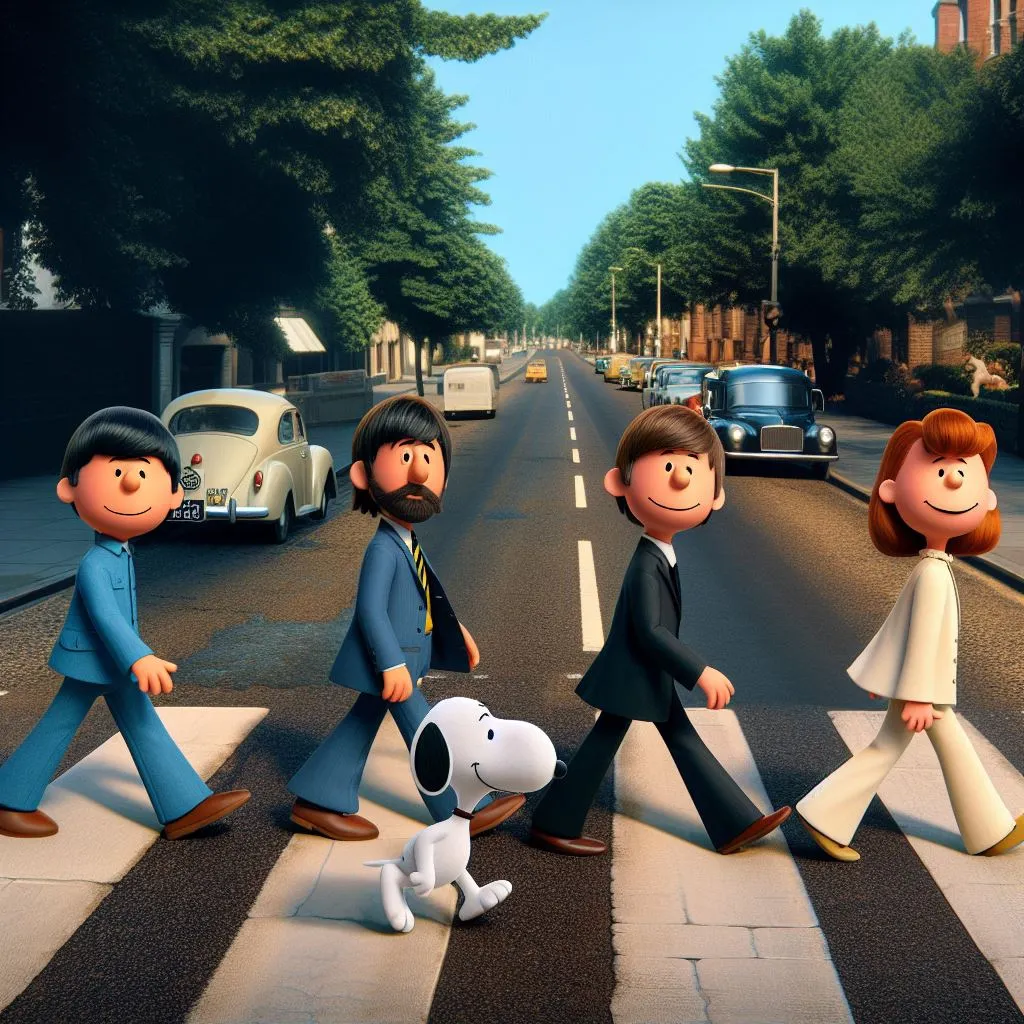 Maintain the same appearance of Snoopy and his friends in 3D Pixar style, put the Beatles in the same style in an opposite row in front of them, also crossing both groups walking Style more towards Pixar's incredibles in drawing Snoopy and his friends better defined in appearance  More similar to the image take example of the image 