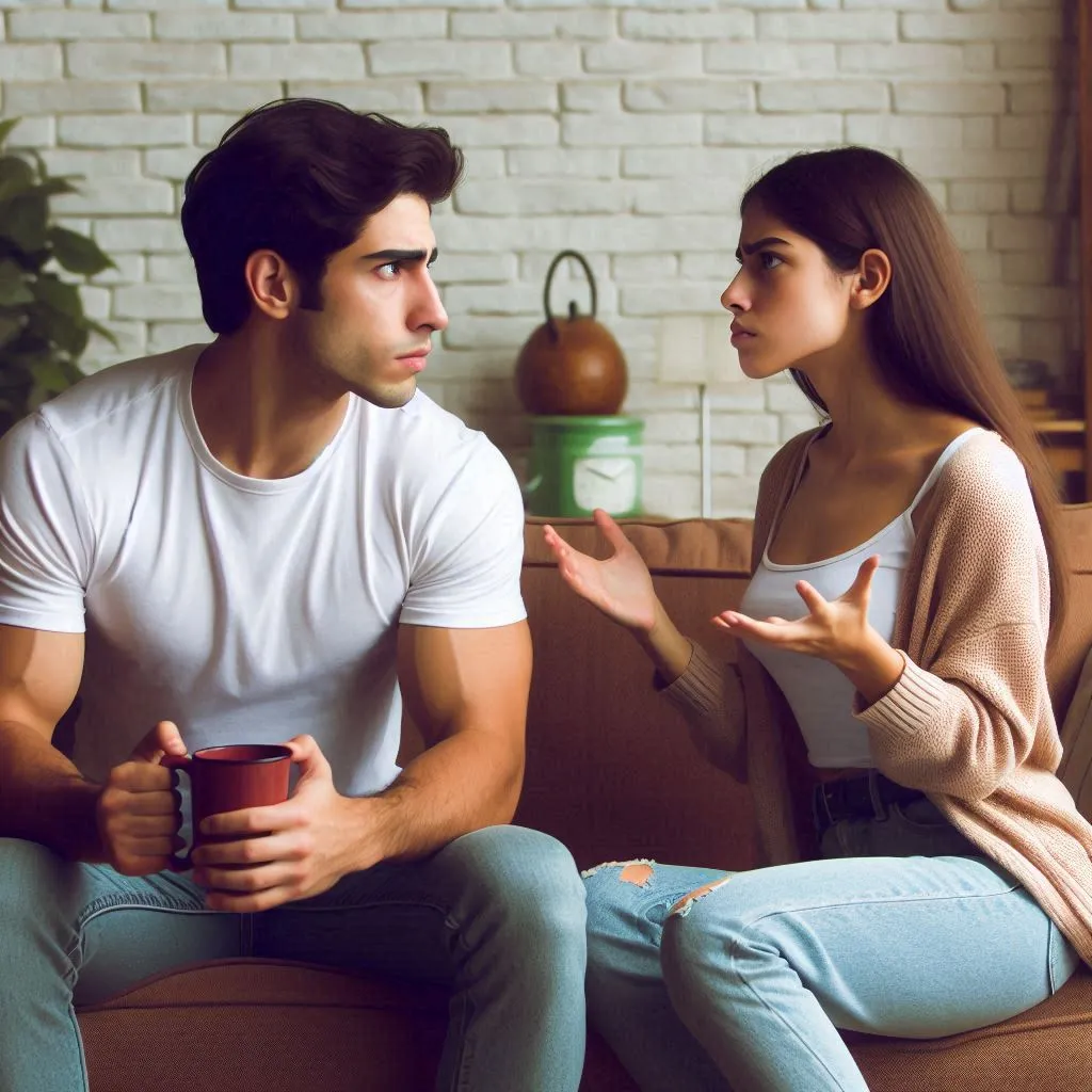 a man and a woman sitting on a couch talking