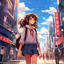 a girl in a school uniform walking down a street