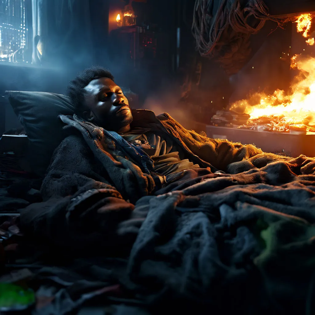 a man laying on a bed in front of a fireKofi lying on a bed covered with a blanket