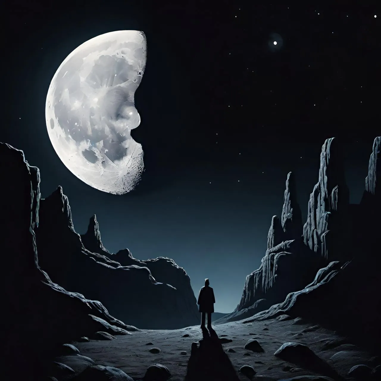 a man standing in the middle of a desert under a full moon