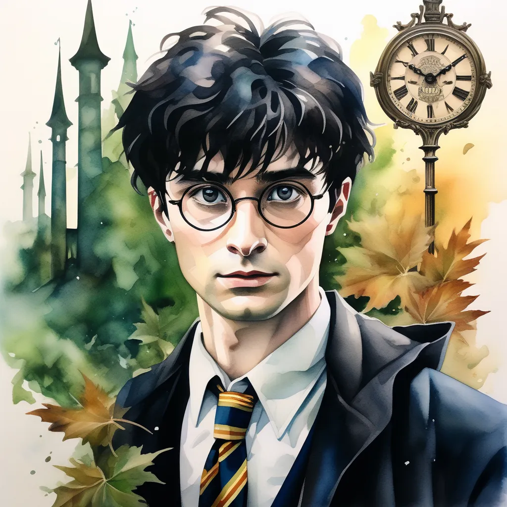 a painting of harry potter with a clock in the background