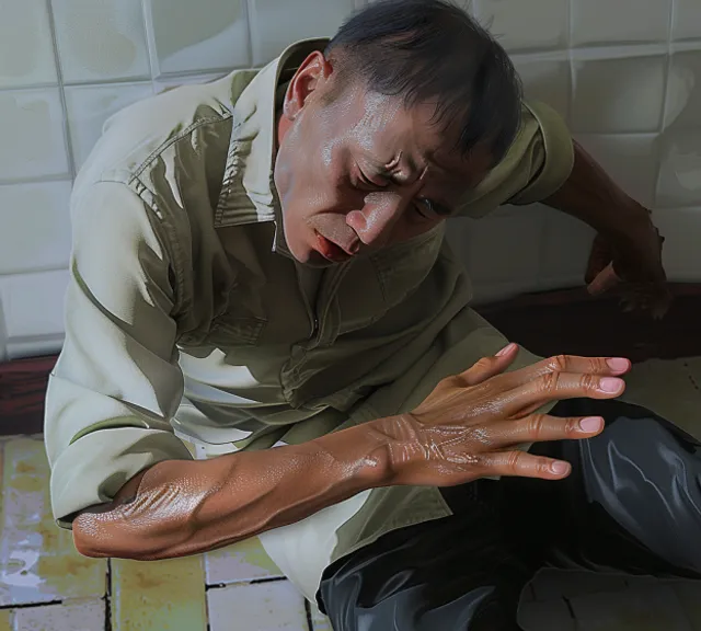 a man sitting on the ground with his hands on his knees