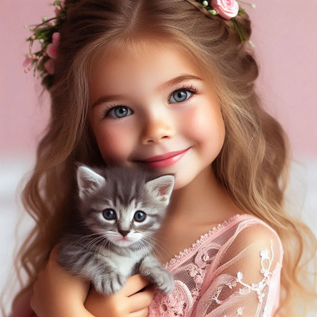 a little girl holding a kitten in her arms