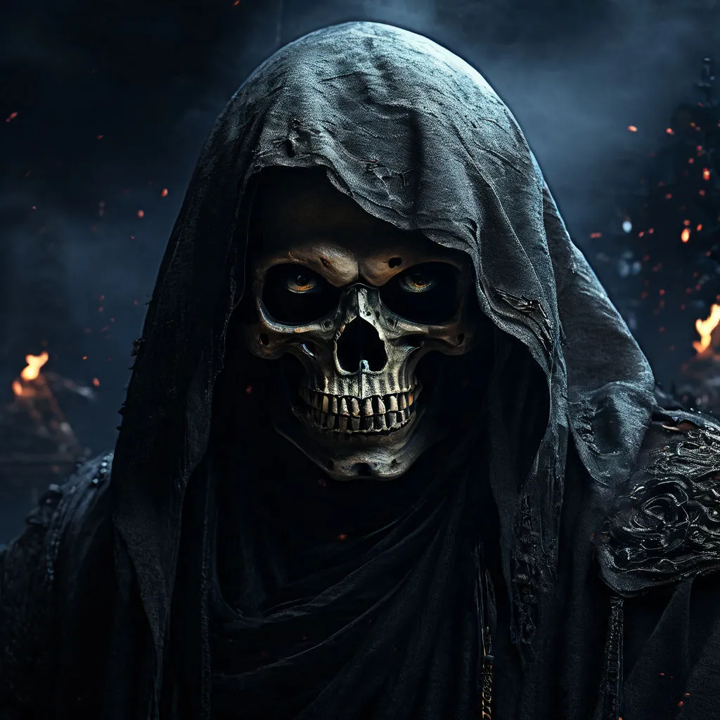 a skeleton wearing a black robe and a hood