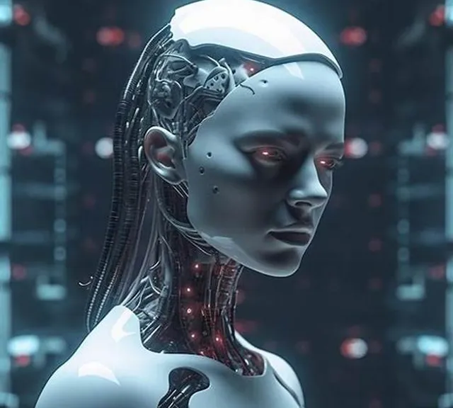 a humanoid woman with red eyes and long hair