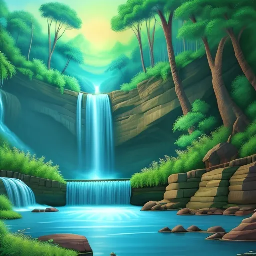 a painting of a waterfall in a forest