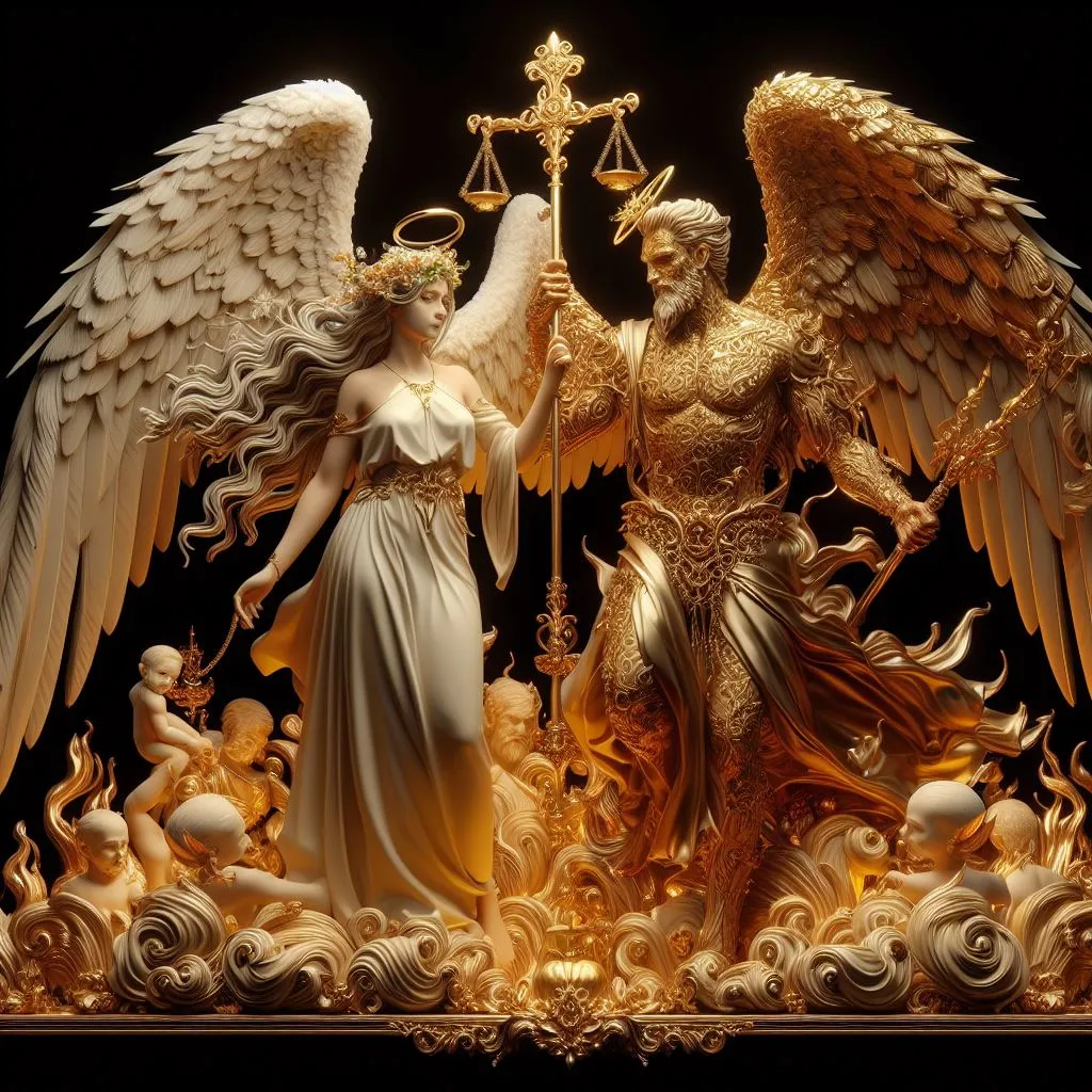 a golden statue of two angels holding a cross