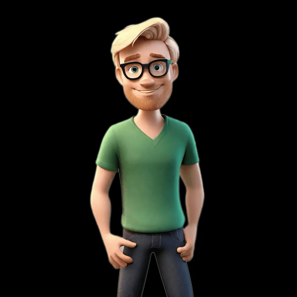 a cartoon man with glassescreate movement in the arms, wind in the hair, eyes blinking and a green shirt