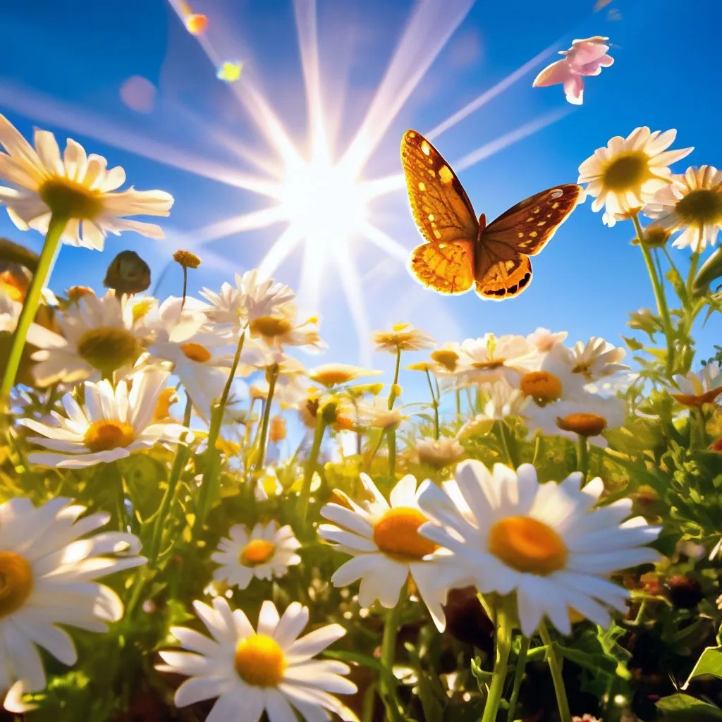 a butterfly flying over a field of daisies