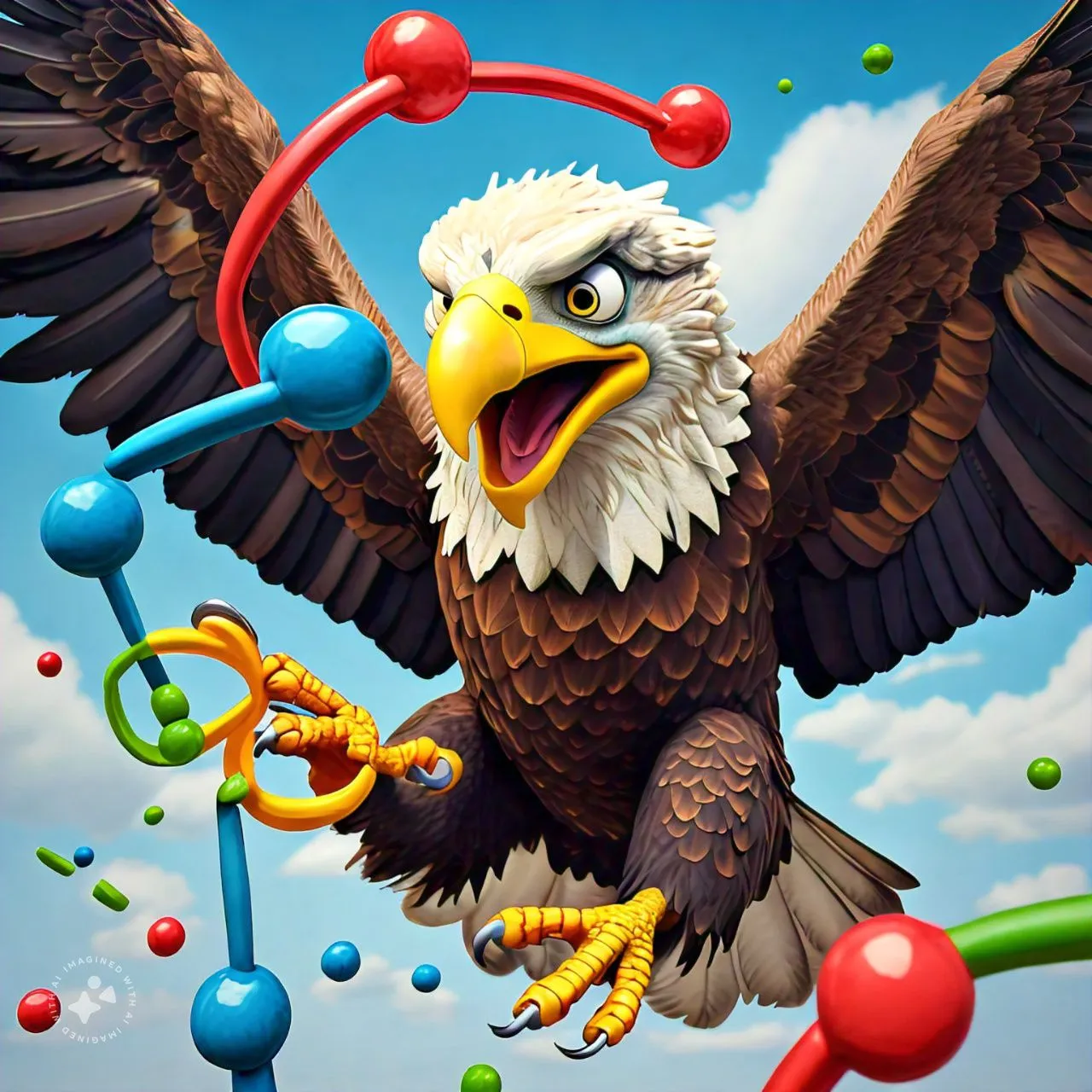 an eagle with a ring around its neck and playing with clackers 