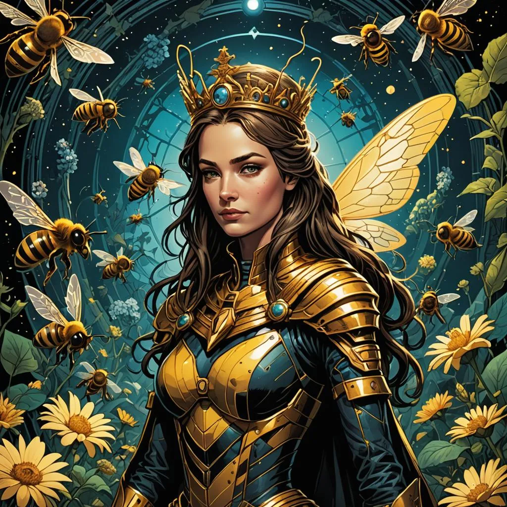 a painting of a woman in armor surrounded by bees The queen, wise and ancient, called upon the bees to seek the reason for this change