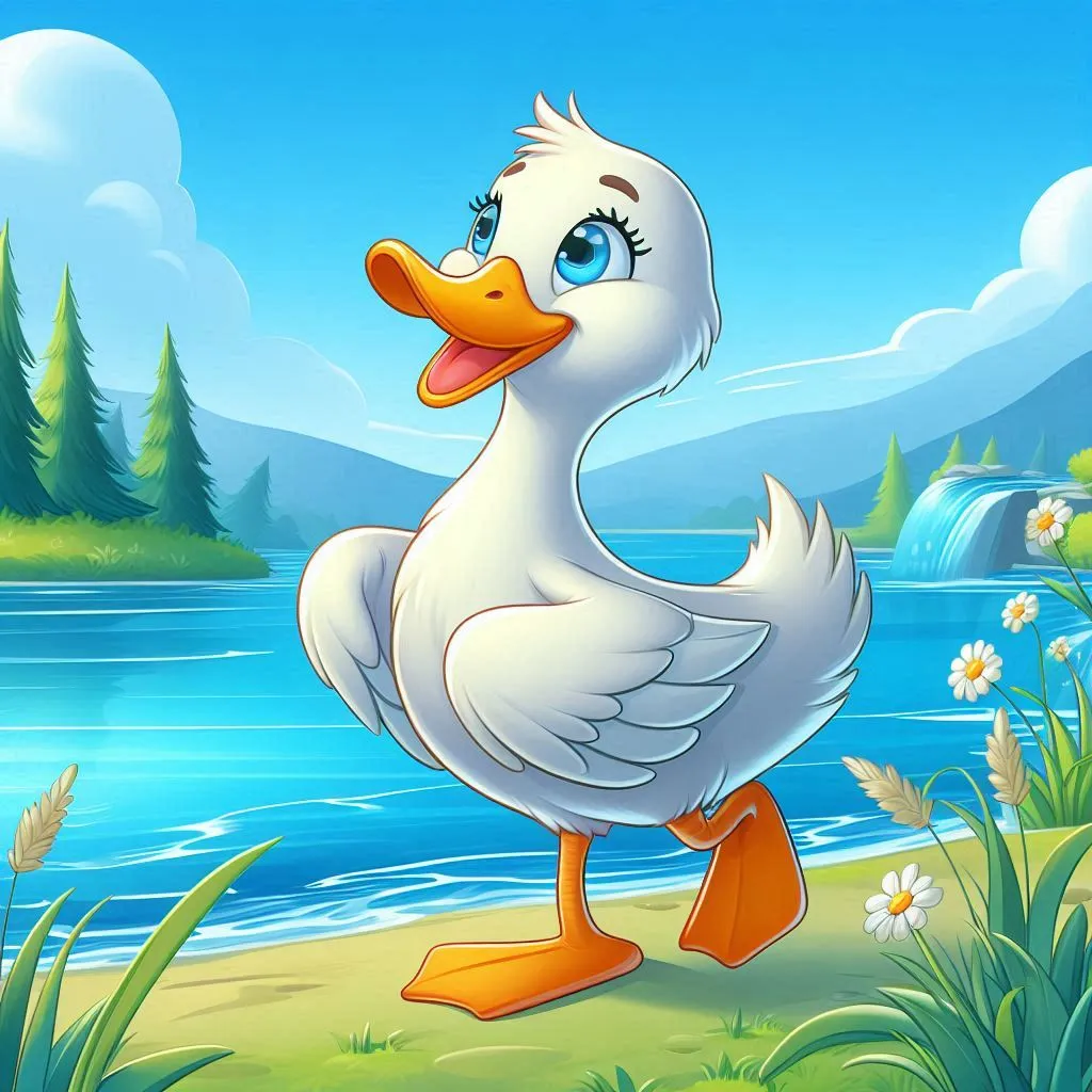 a cartoon duck standing on the shore of a lake