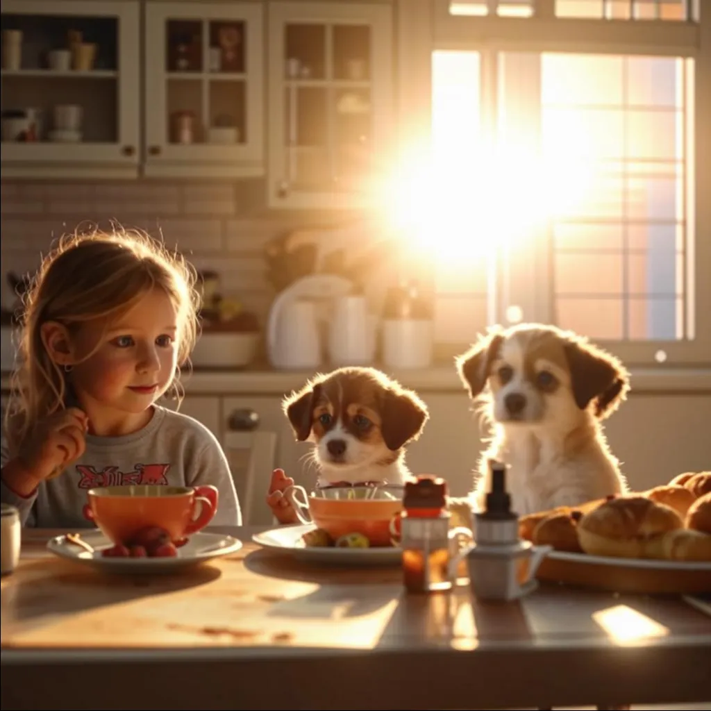 a little girl sitting at a table with two puppies