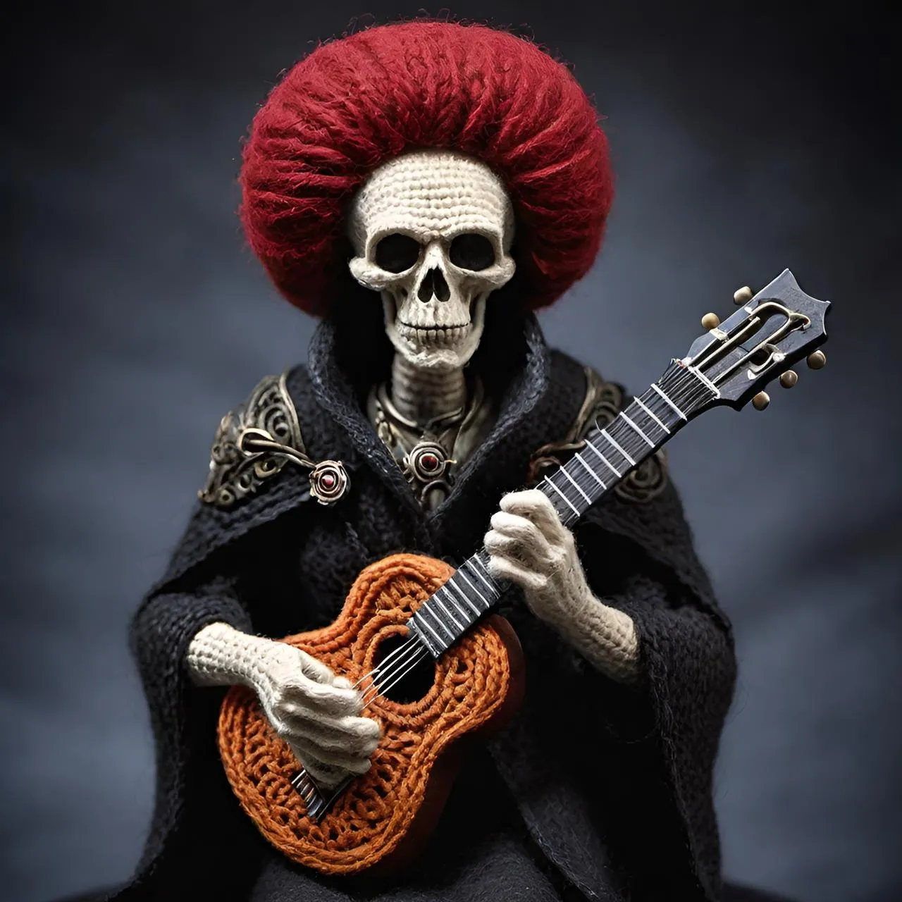 a skeleton with a red hair holding a guitar