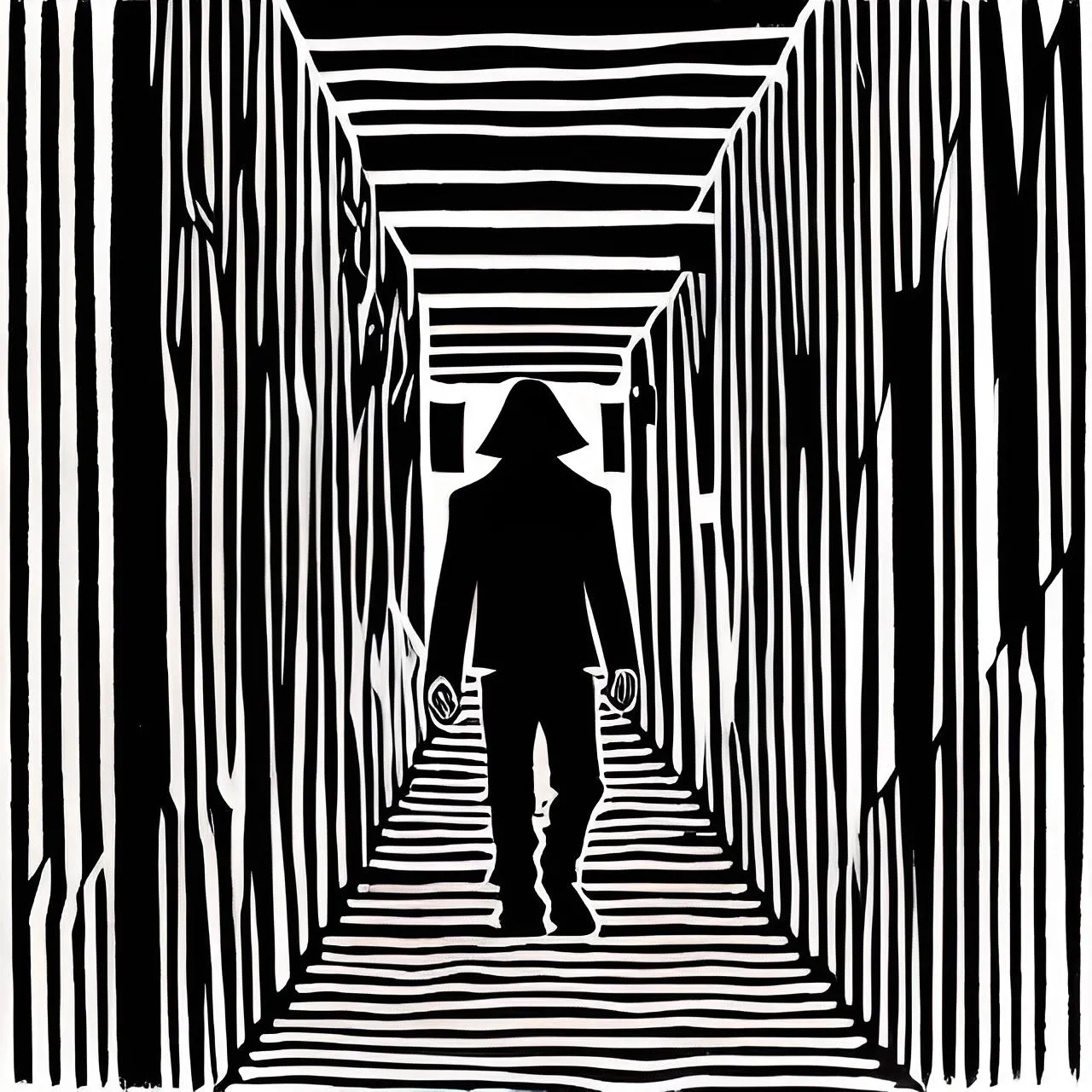 a black and white image of a man walking through a tunnel