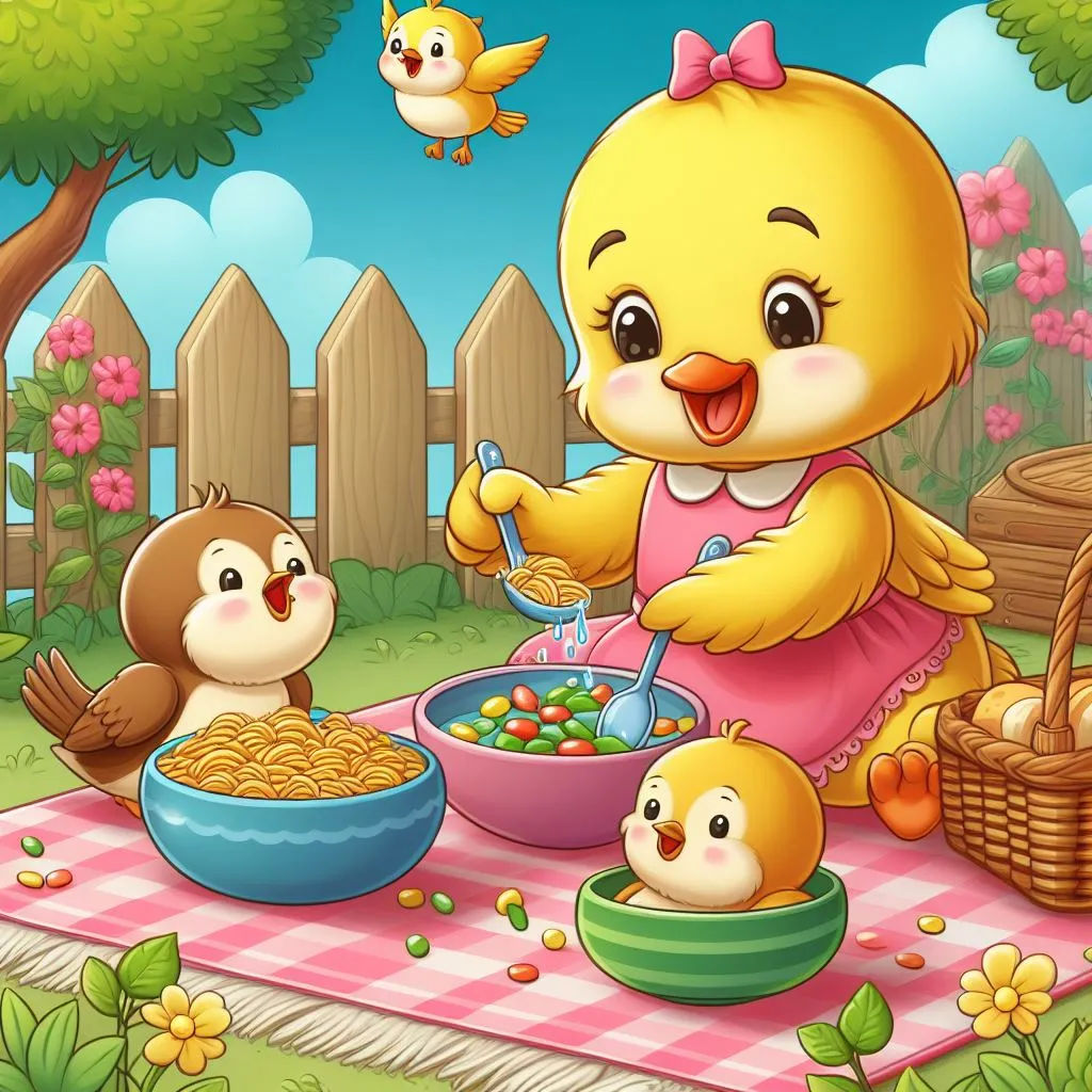 a cartoon picture of a baby chick feeding her family