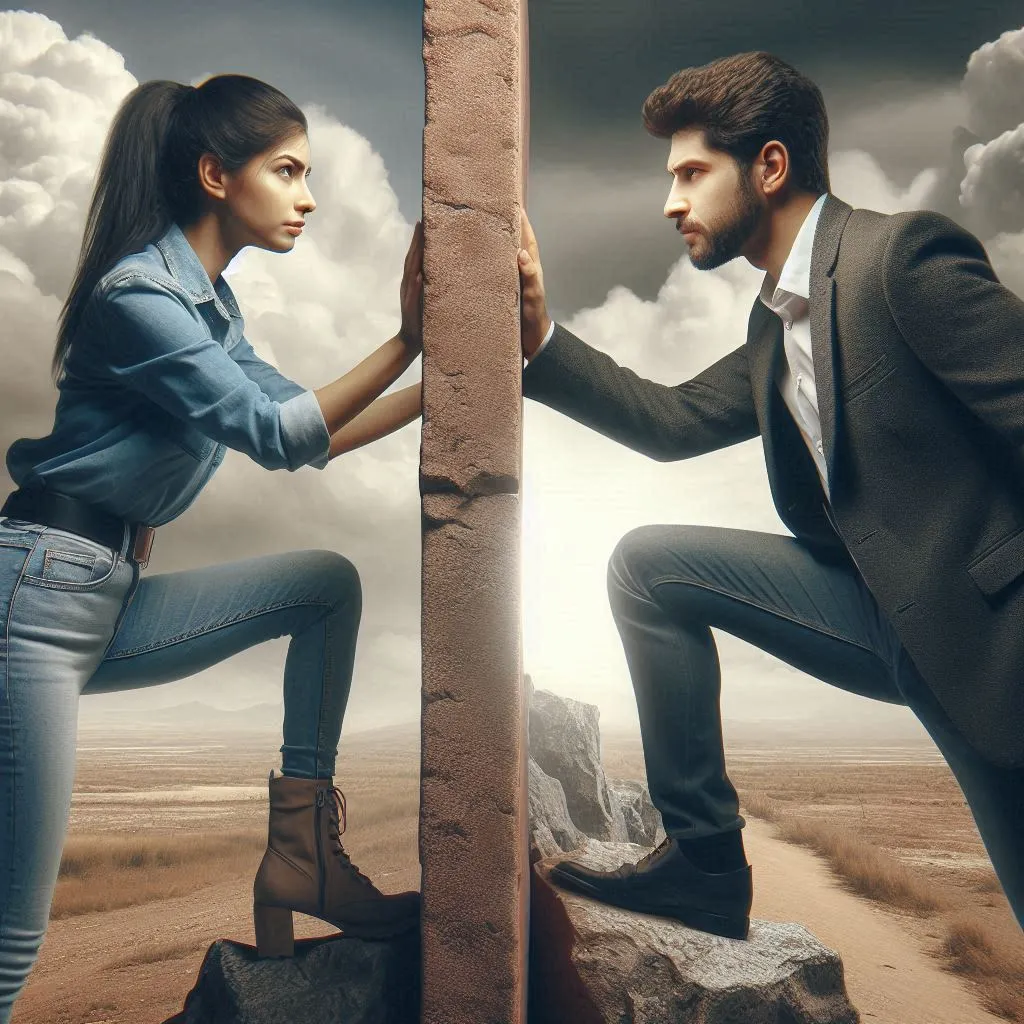 a man and a woman are standing on rocks