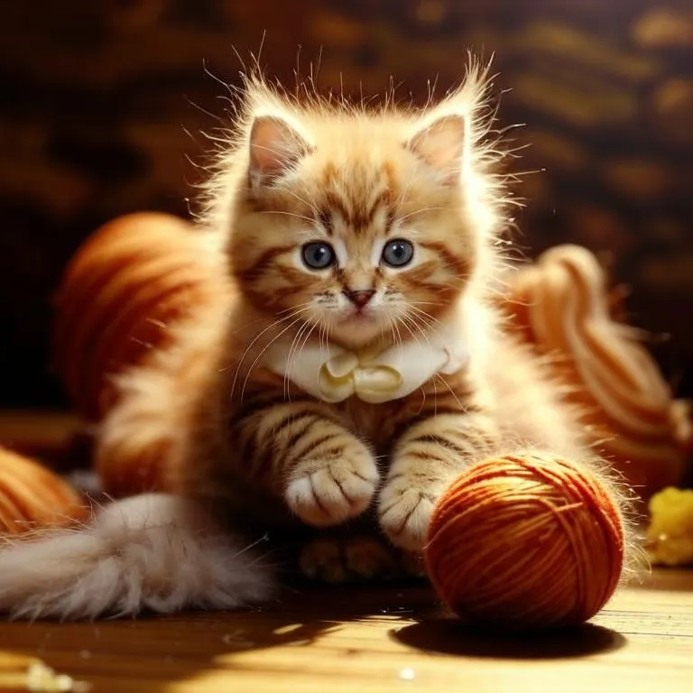 a kitten sitting on the floor next to a ball of yarn