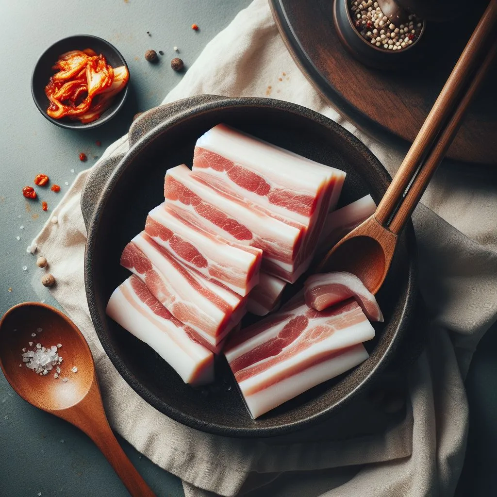 a bowl filled with sliced meat next to a wooden spoon