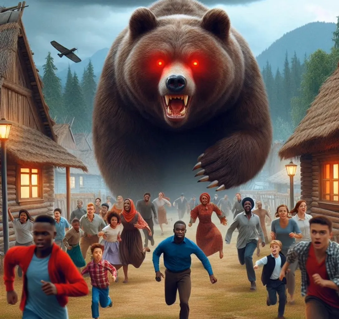  crowd of people running away from a large brown bear with red eyes