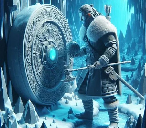 a man with a sword standing next to a giant shield