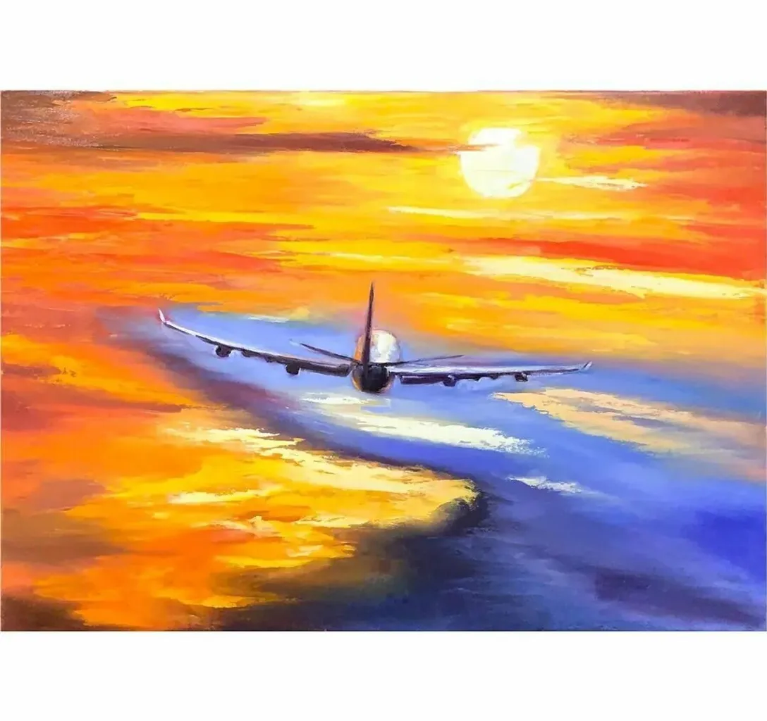 a painting of an airplane taking off into the sunset