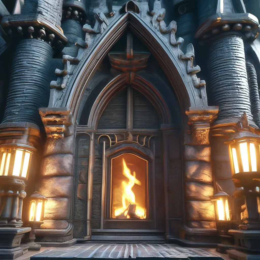 a fire burning in a fireplace inside of a castle