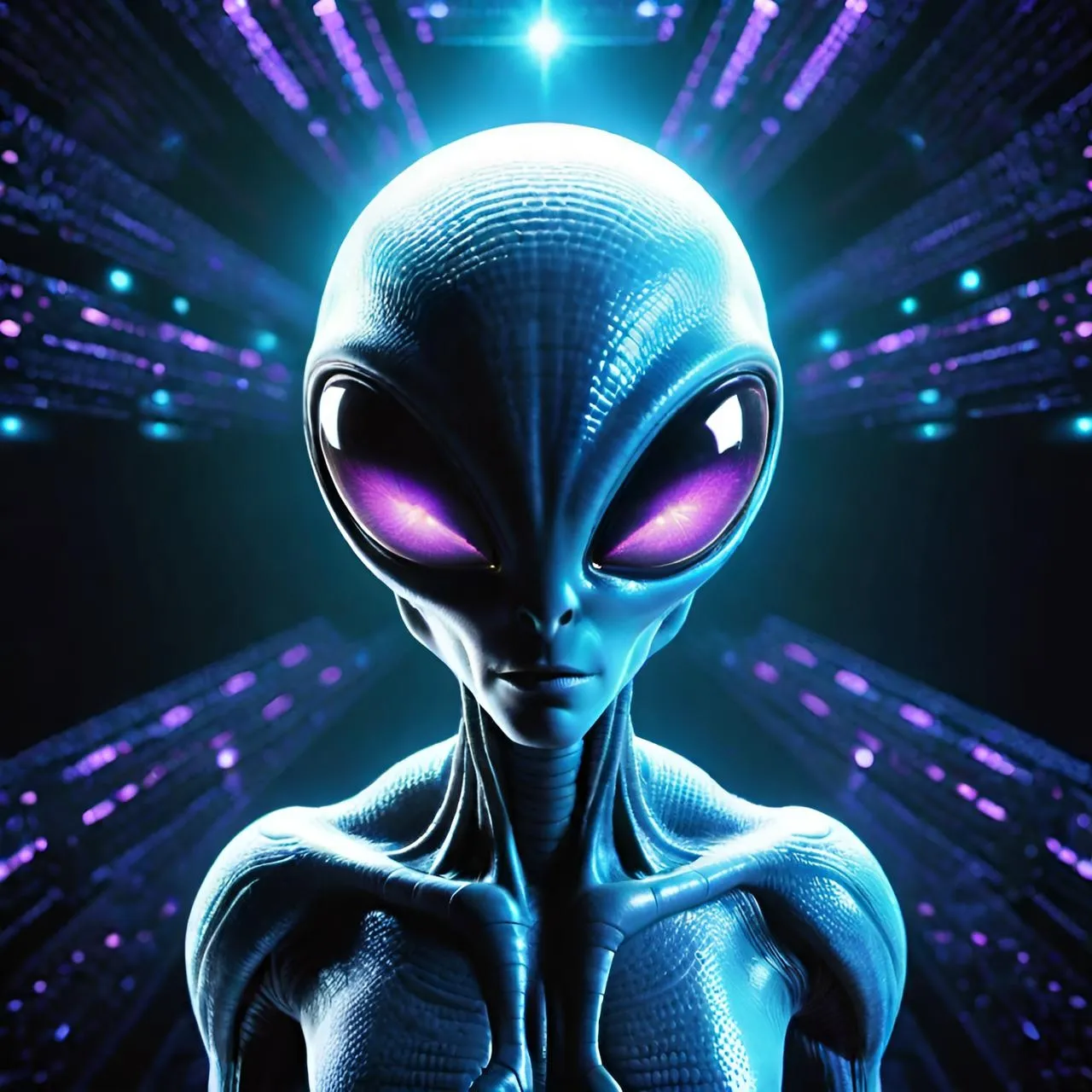 a blue alien with glowing eyes and purple eyes