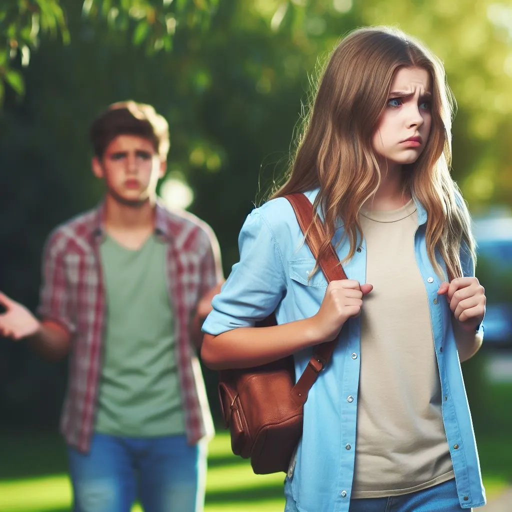 image of boy walking away from girl showing signs of frustration and confusion