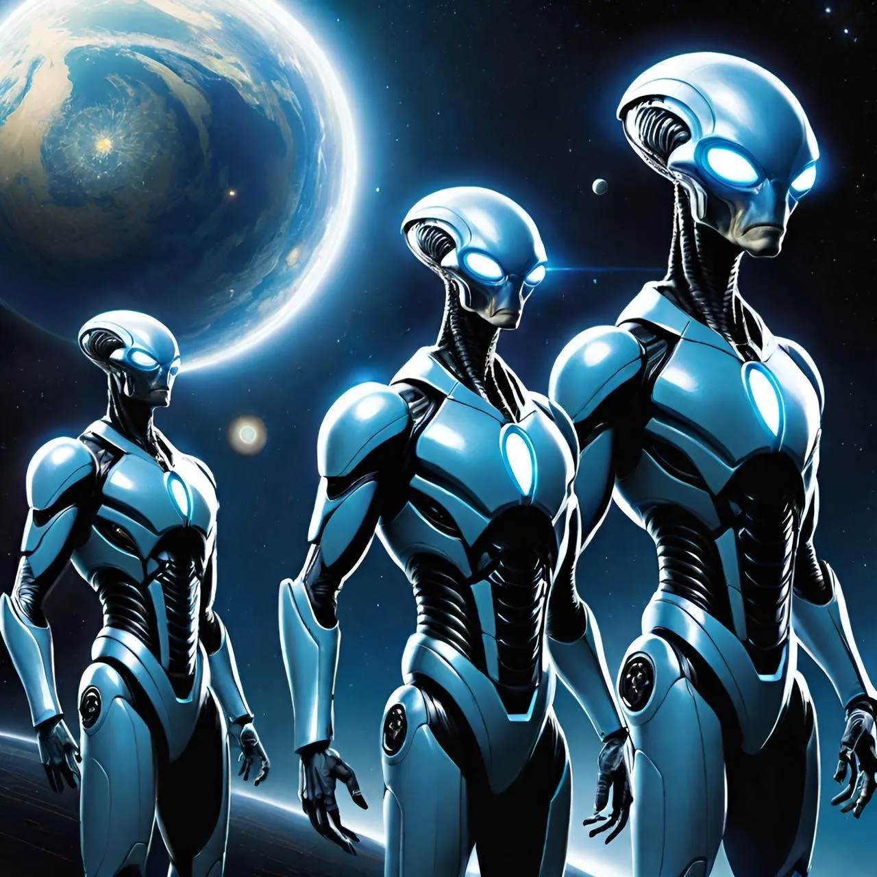 a group of humanoids standing in front of a planet