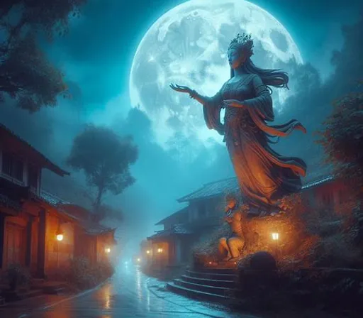 a painting of a woman holding an umbrella in front of a full moon